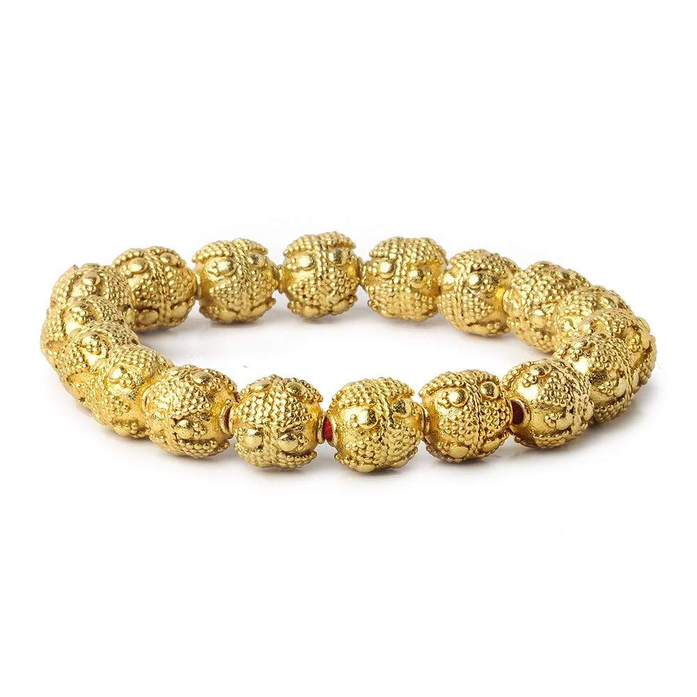 10mm 22kt Gold Plated Copper Bead Round Miligrain Triangle and Dots 8 inch 18 pieces