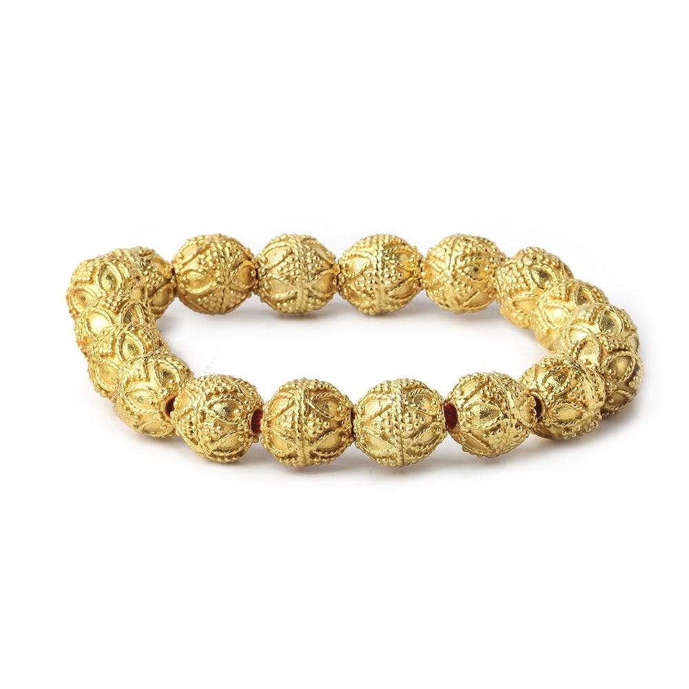 10mm 22kt Gold Plated Copper Bead Round Miligrain Triangle and Heart 8 inch 18 pieces