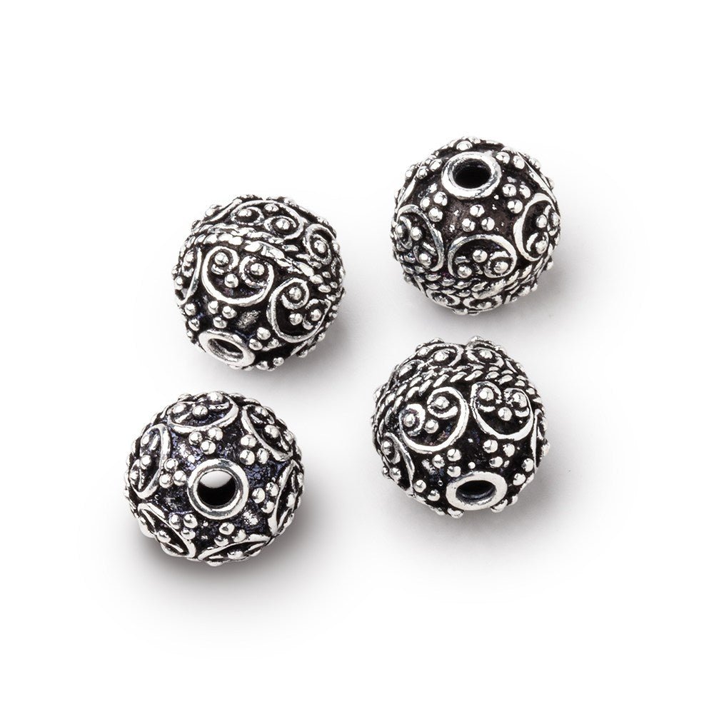 10mm Antiqued Silver Plated Copper Bali Design Round Set of 4 Beads