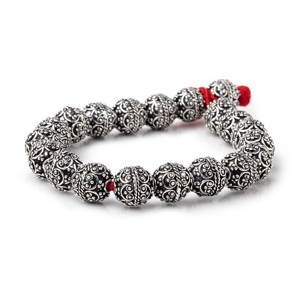 10mm Antiqued Sterling Silver Plated Copper Bali Design Round 8 inch 20 Beads