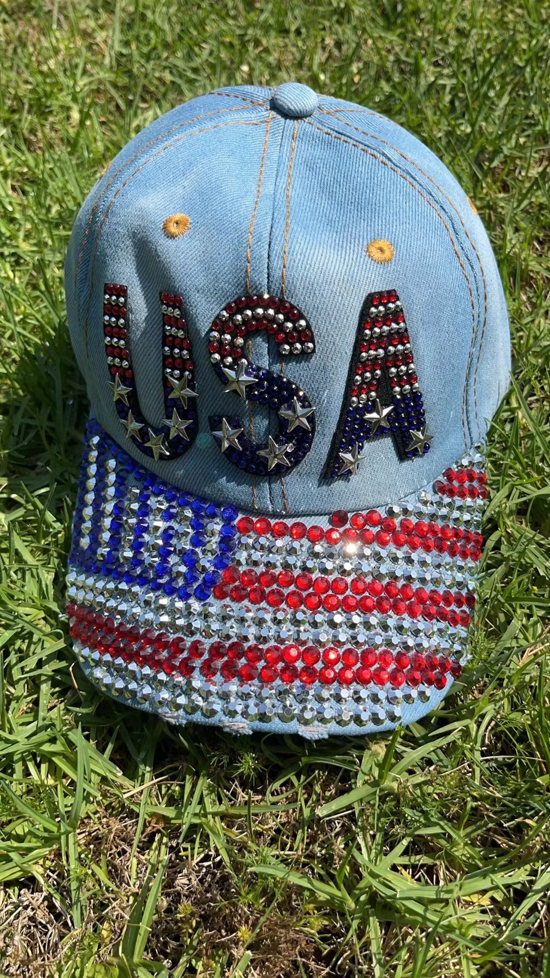 American Flag Hat, Patriotic USA Bling Hat, Sparkling Rhinestone Denim Baseball Cap, Gift for Independence Day (sky blue)