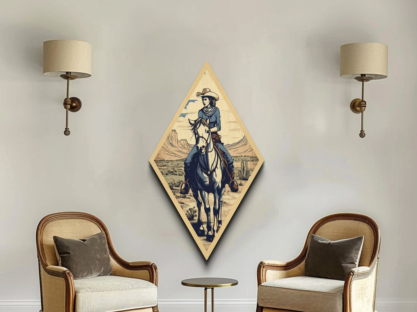 Cactus Cowgirl Ride Diamond Shaped Vintage Western Scene Canvas Textured Print Southwestern Wall Art Country Equestrian Gift