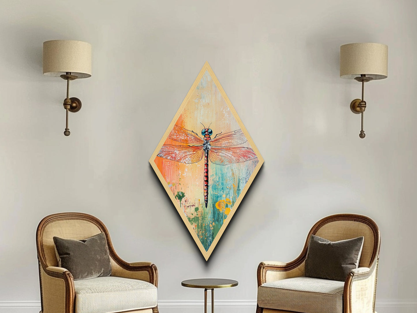 Colorful Dragonfly Closeup Diamond Shaped Canvas Textured Print, Boho Insect Wall Art, Nature Illustration, Bug Lover Gift Idea