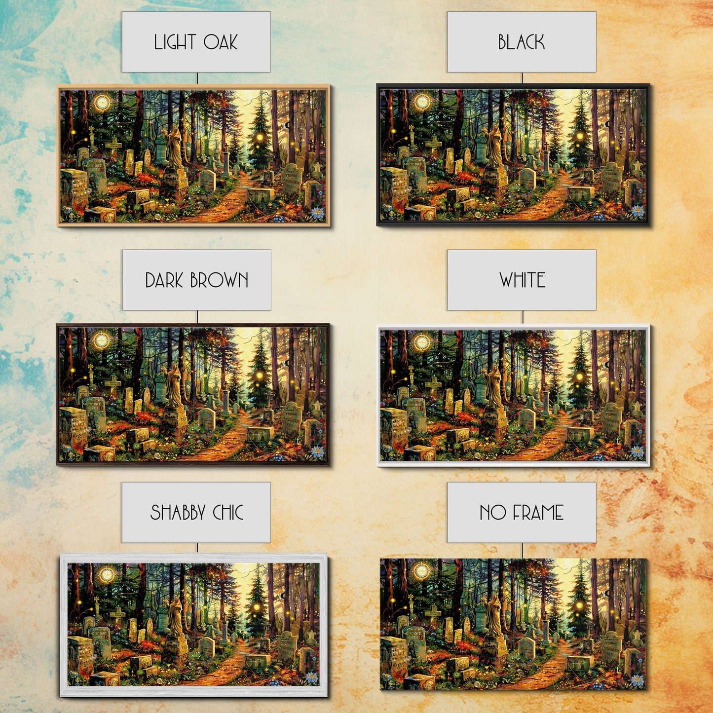 Colorful Haunted Grave Yard In The Spring Time, Framed Canvas Print, Spooky Wall Art, Halloween Spooky Season Decor