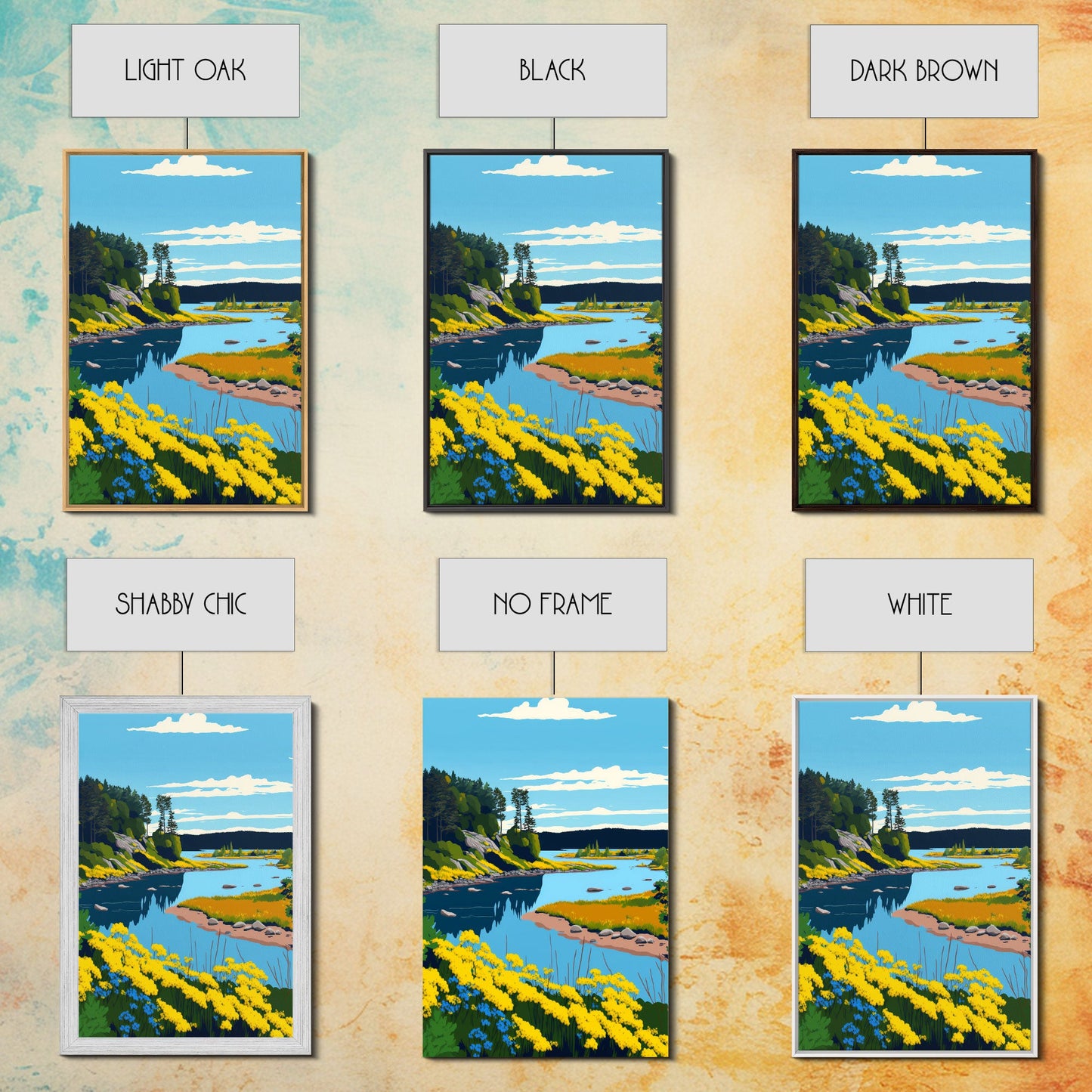 Colorful Pop Art Picture of a Stream, Framed Canvas Print, Surrealist High Contrast Cel Shaded Landscape Art