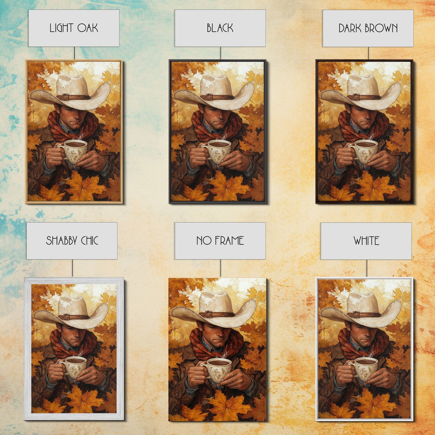 Cowboy Holding Hot Drink Framed Canvas Print - Moody Winter Landscape Art Perfect 2024 Christmas Wall Decor