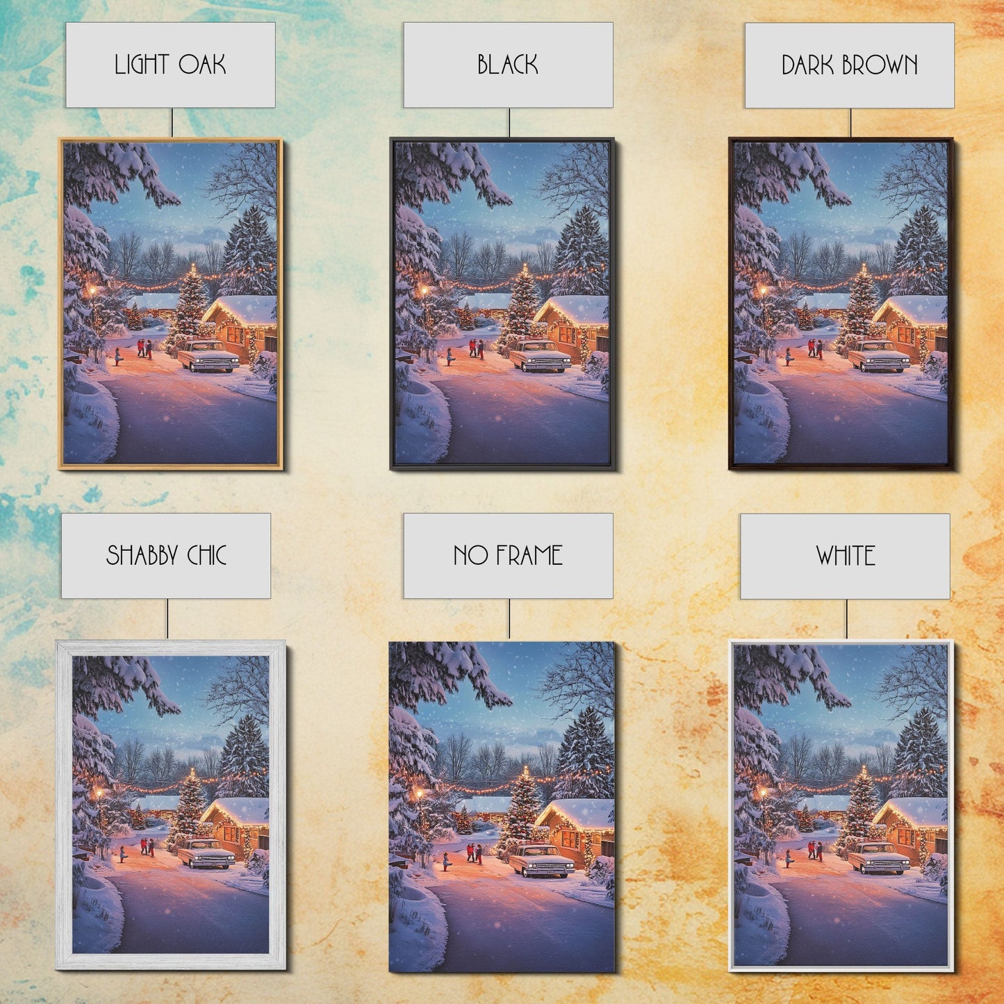 Classic Winter Christmas Neighborhood Framed Canvas Print Tall Art With Lights And Christmas Tree, Holiday Wall Art Home Decor