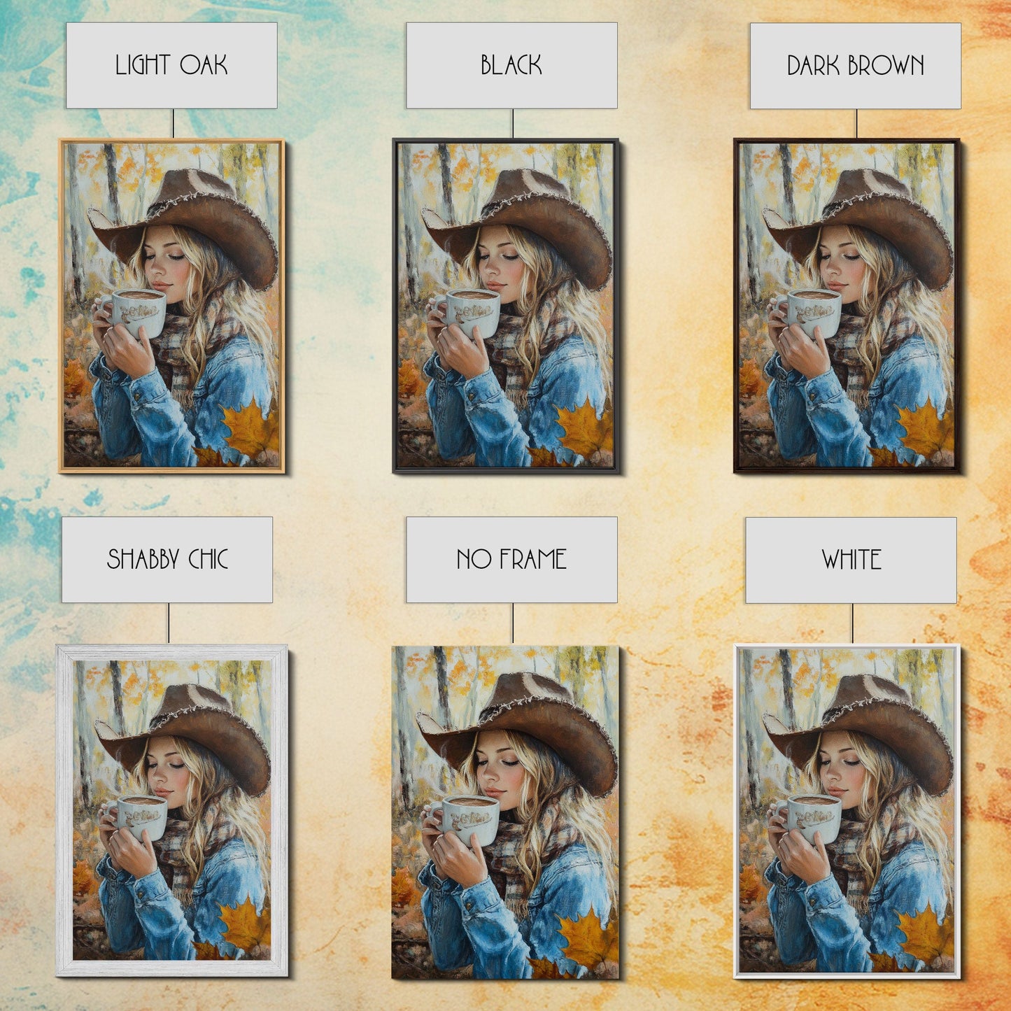 Fall-themed farmhouse framed canvas print a woman with coffee amidst autumn leaves ideal harvest home decor or seasonal wall art gift idea