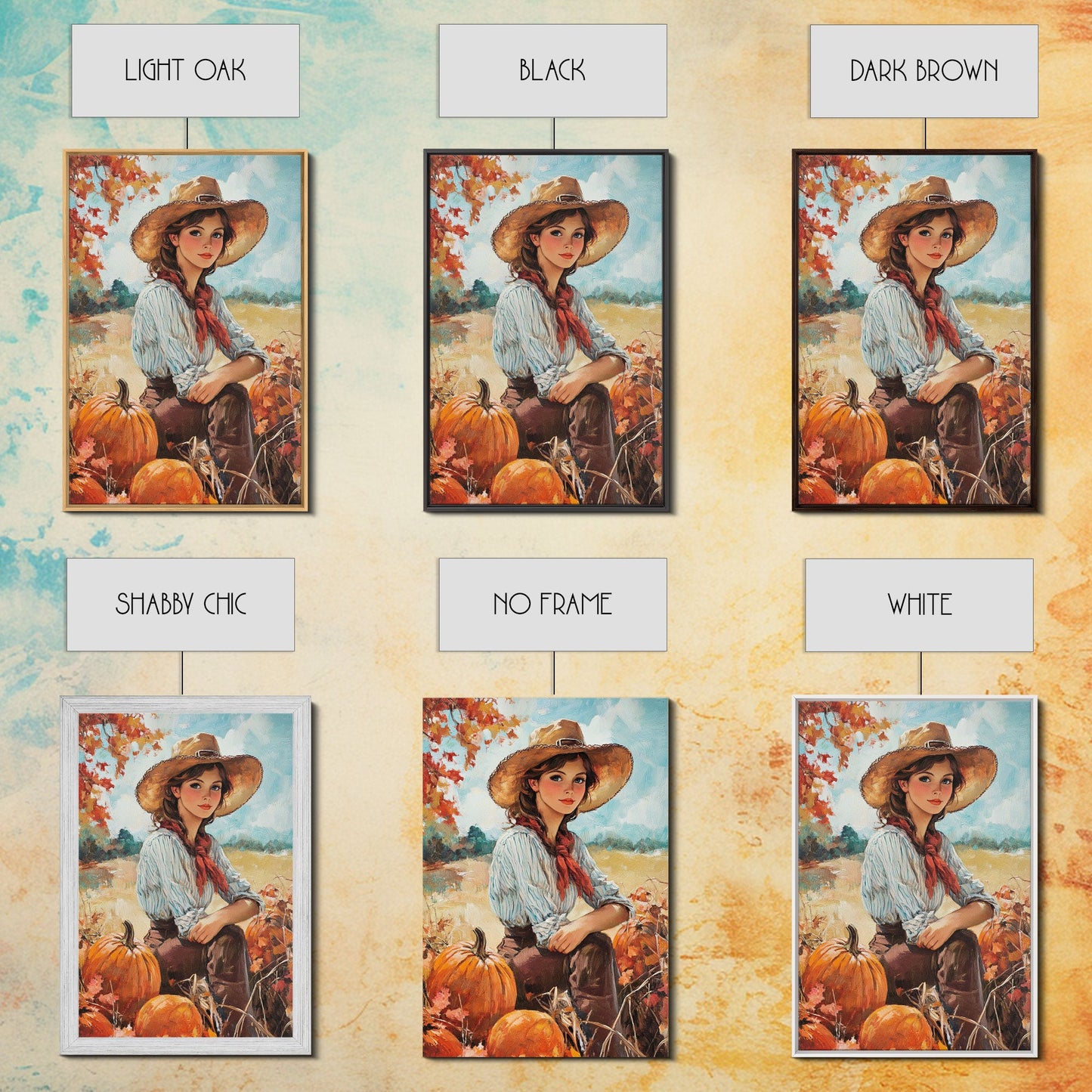 Country fall harvest framed canvas print pumpkins and a serene autumn landscape perfect seasonal wall art for rustic farmhouse home decor