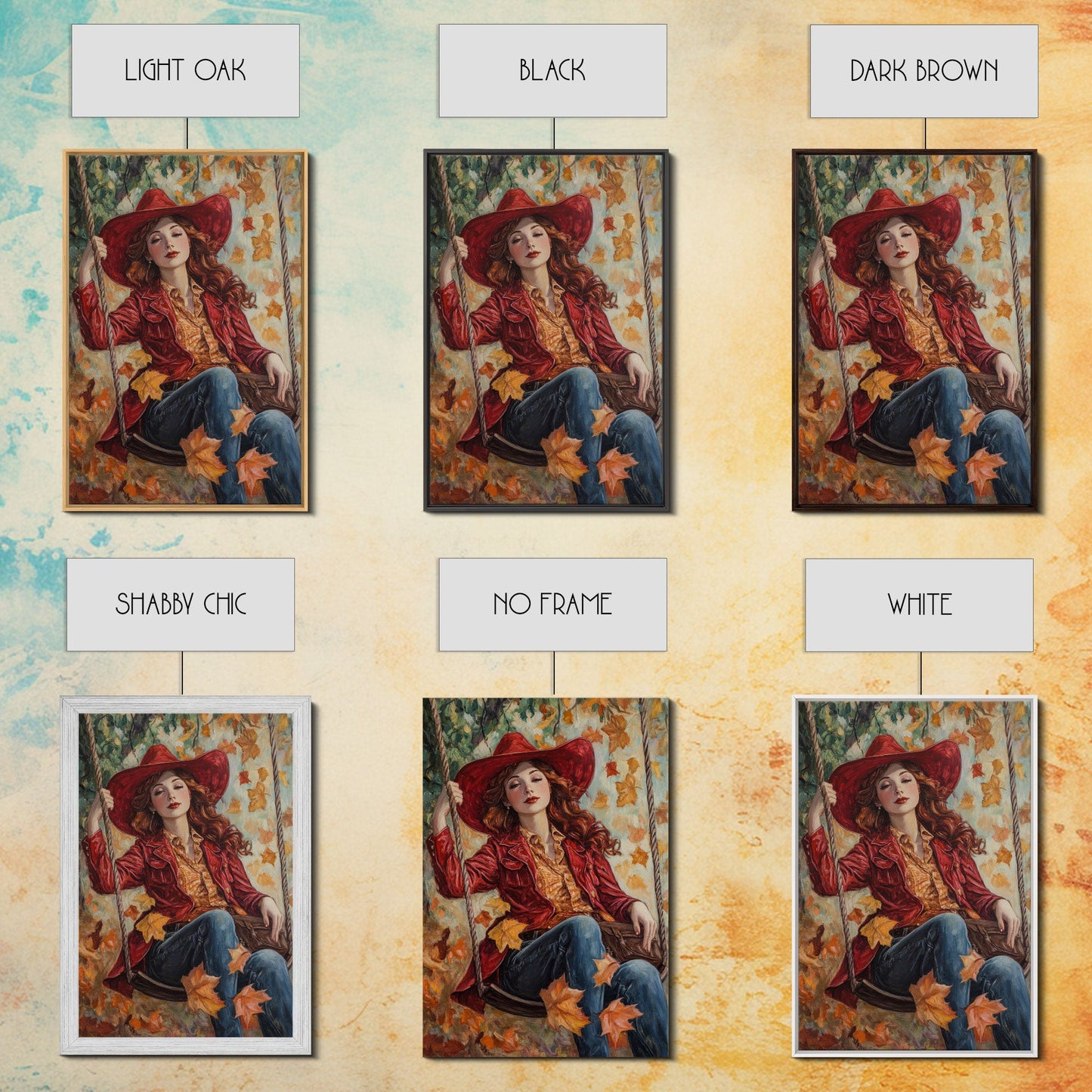 Fall Cowgirl Enjoying Her Swing, Framed Canvas Print, Autumn Decor, Cute Wall Art Gift Idea