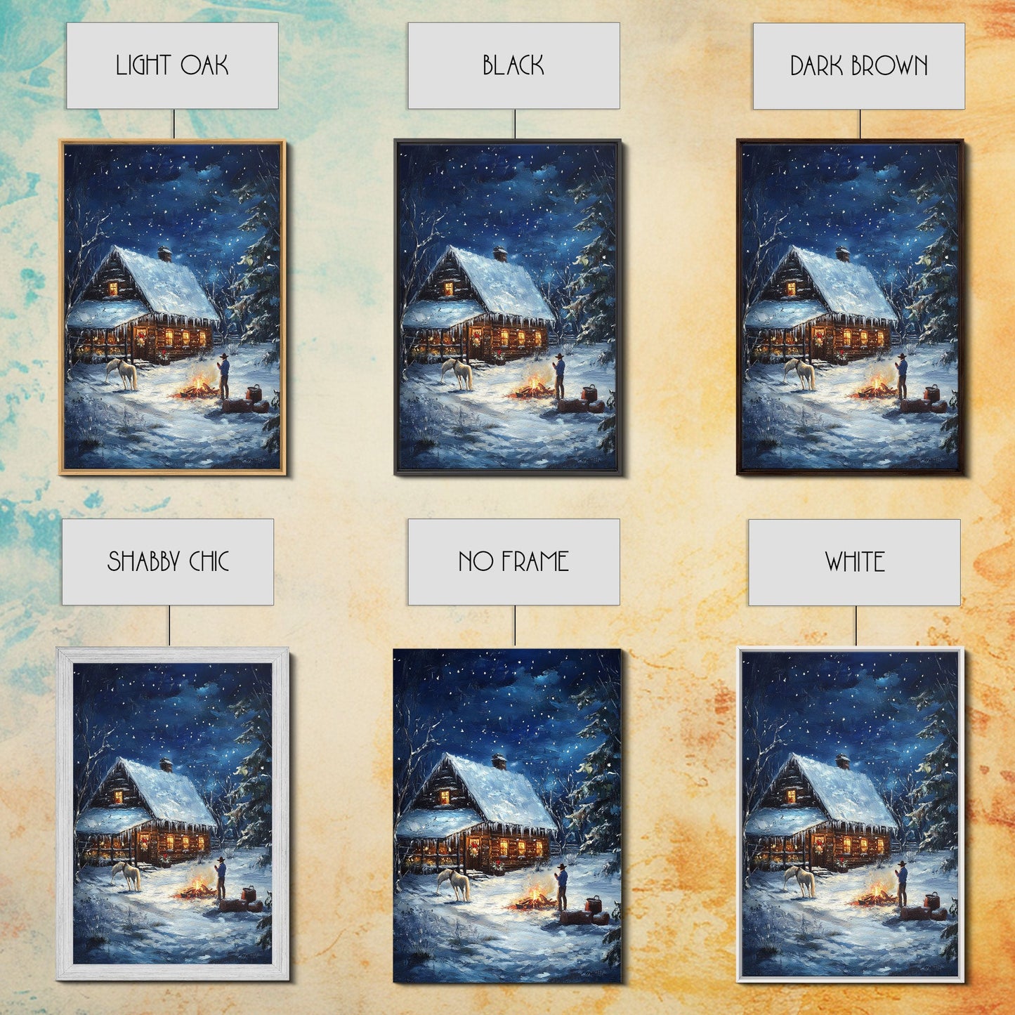 Cowboy Christmas by the Fire Framed Canvas Print, Western Holiday Decor with Snowy Cabin, Cozy Art Perfect for Rustic Christmas Winter Decor