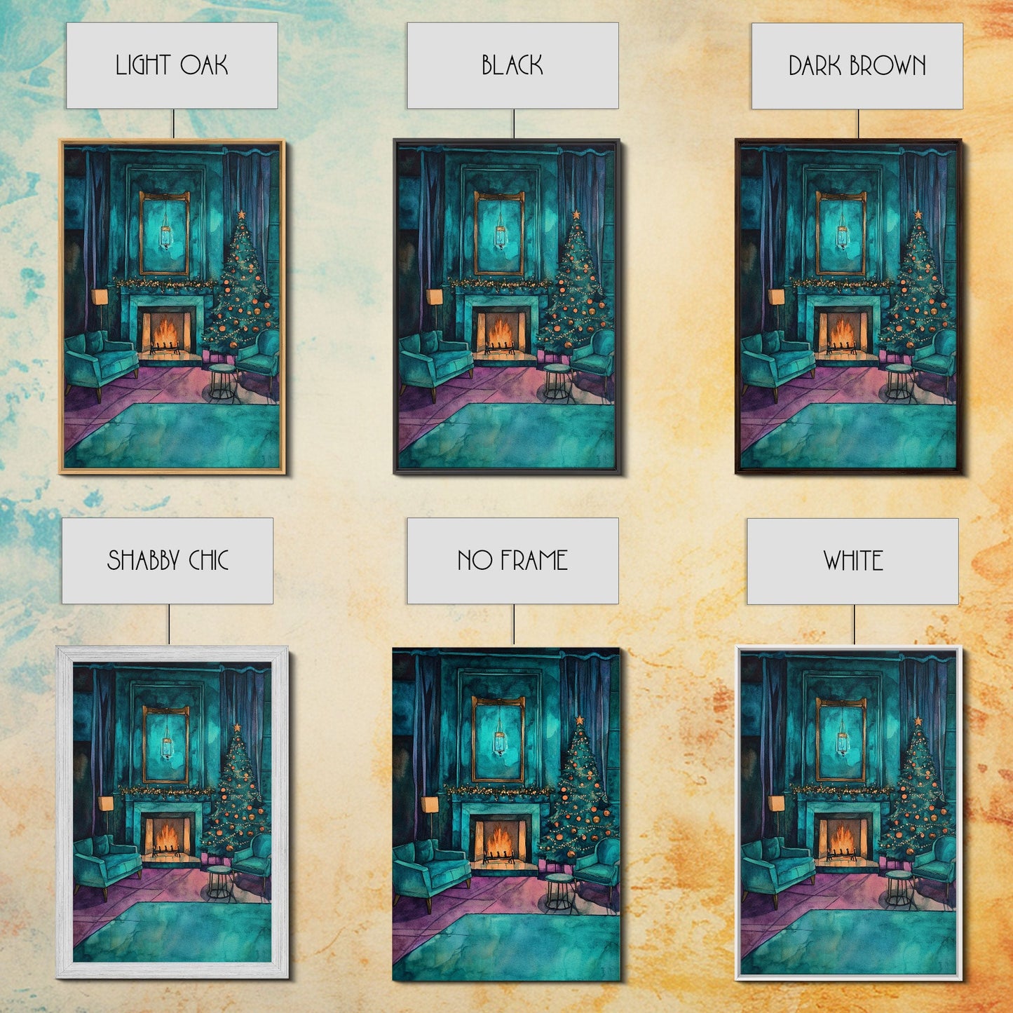 Cozy living room with Christmas tree and fireplace, Framed Canvas Print, Christmas wall art, perfect modern farmhouse holiday decor