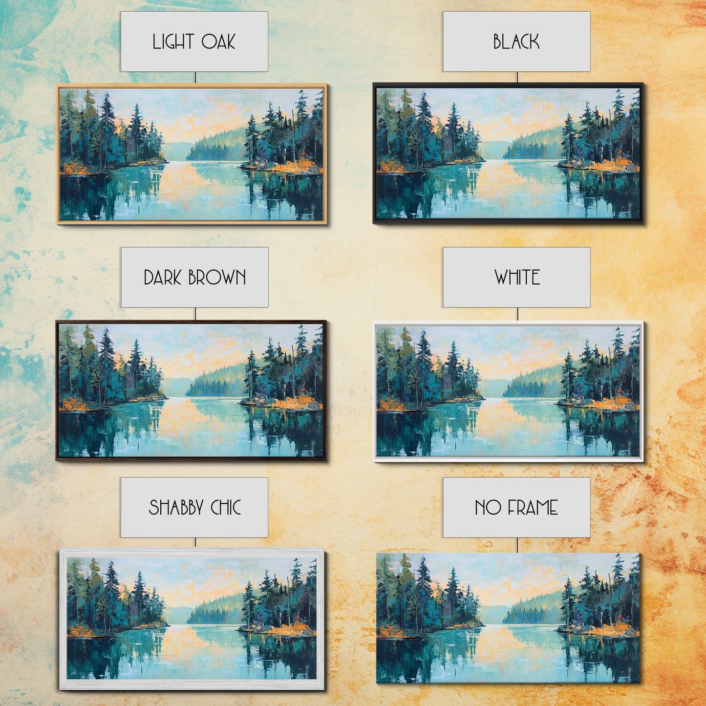 Tranquil Lake, pine tree art, landscape painting, smoky mountain art, panoramic painting, nature painting, Framed Canvas Print