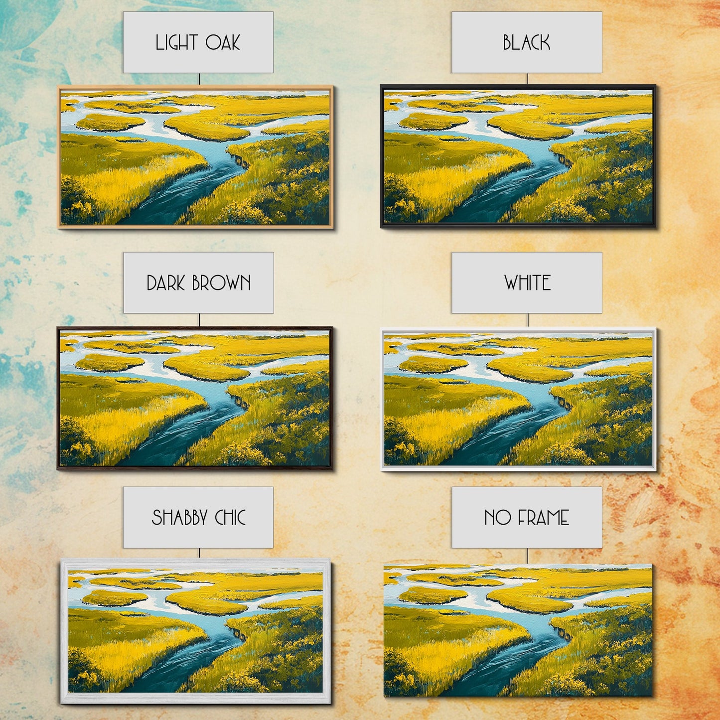 Marshland Landscape, marsh painting, landscape painting, above sofa art, extra wide art, panoramic art, Framed Canvas Print