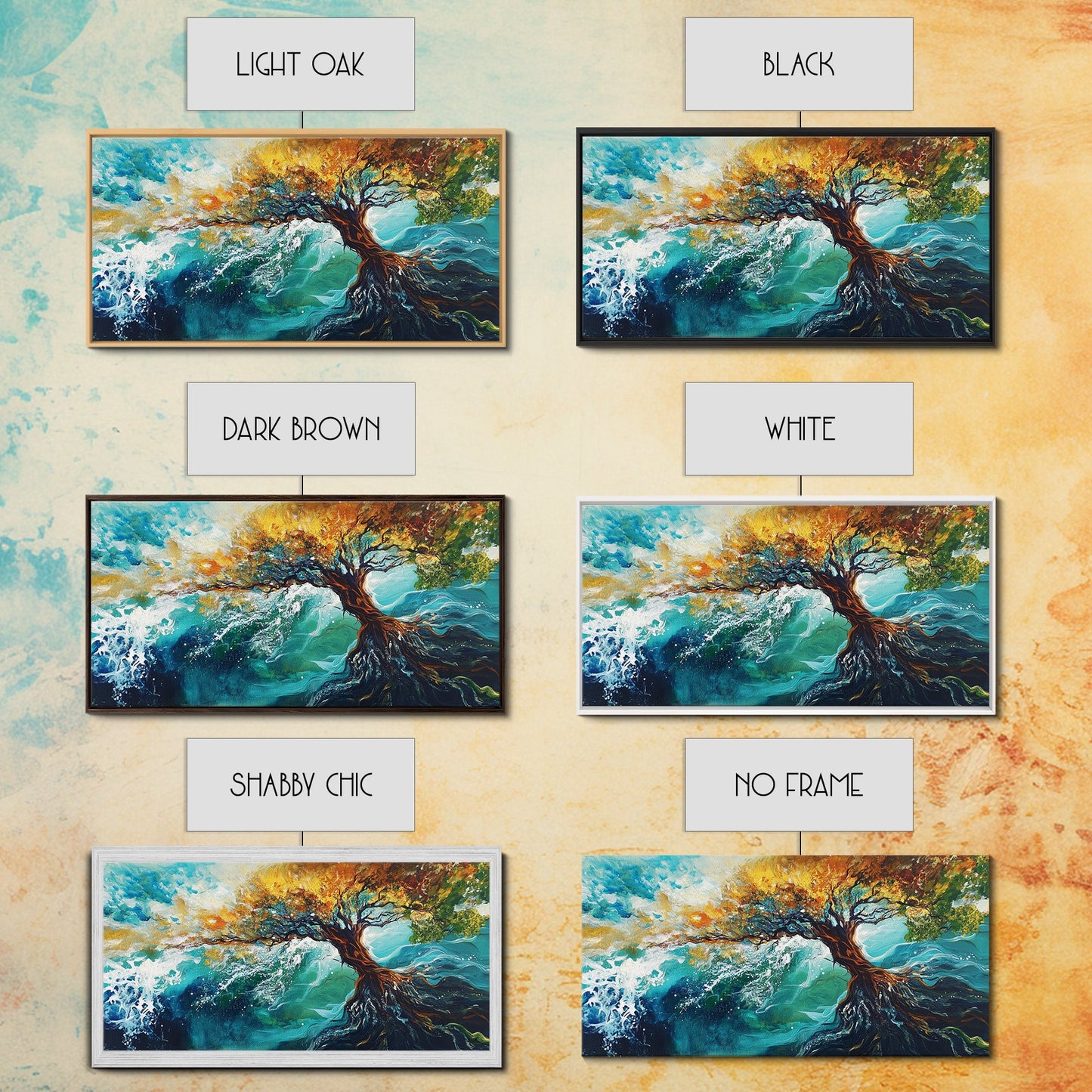 Tree in Waves, Canvas Print, coastal landscape art, wabi sabi art, extra wide painting, ocean painting, panoramic wall art