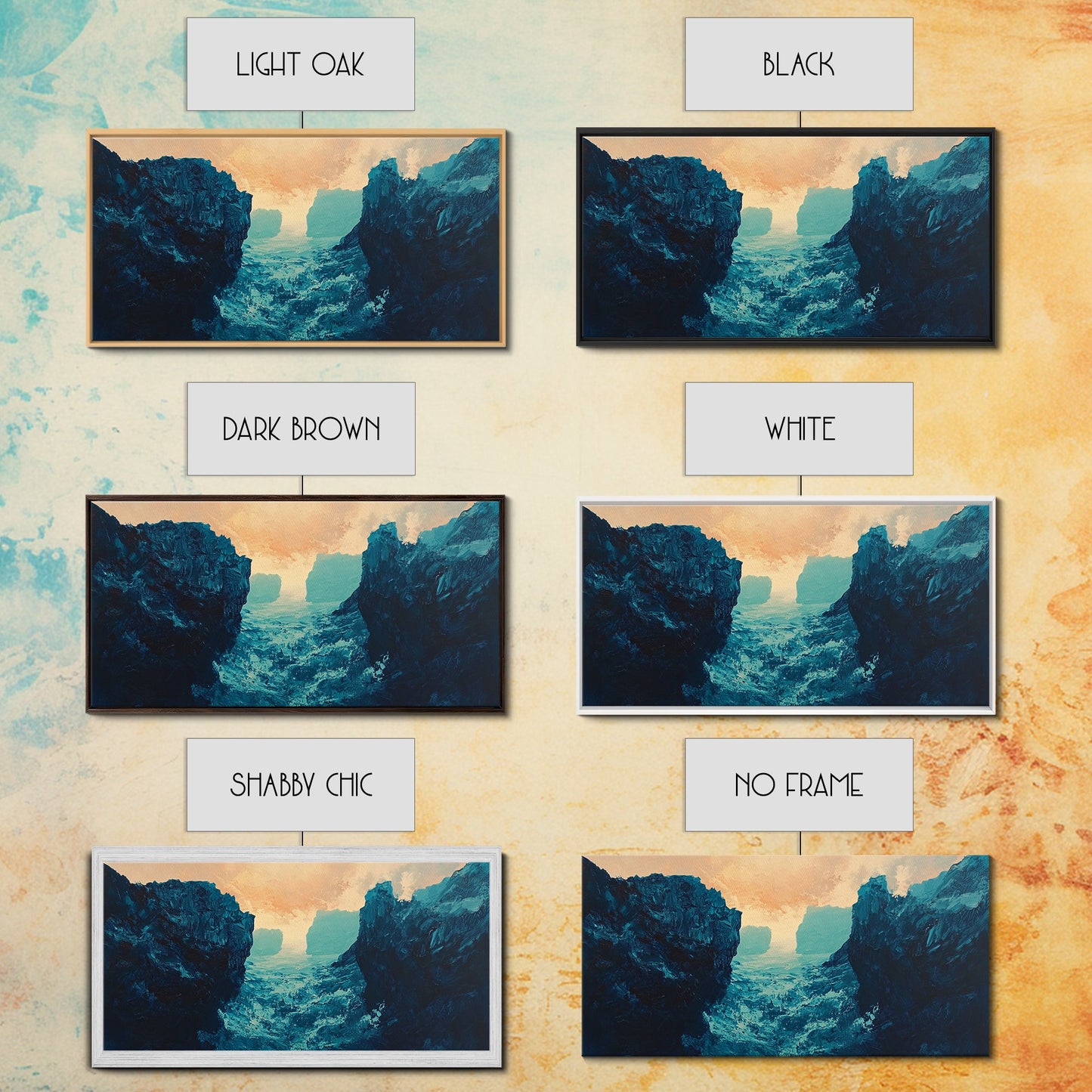 Moody Landscape, dramatic canyon, abstract oil painting, blue and green wall art, panoramic art, Framed Canvas Print, extra wide art