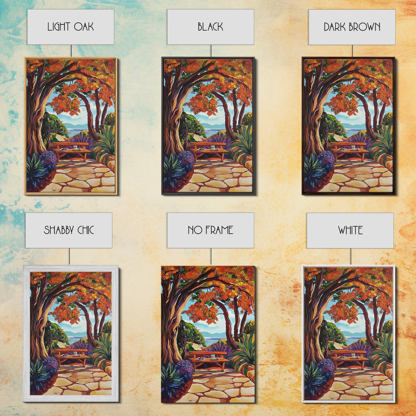 Autumn Table, Garden Path, Scenic View, Framed Canvas Print, cozy fall art, rustic decor, nature painting, Dining Room Wall Art