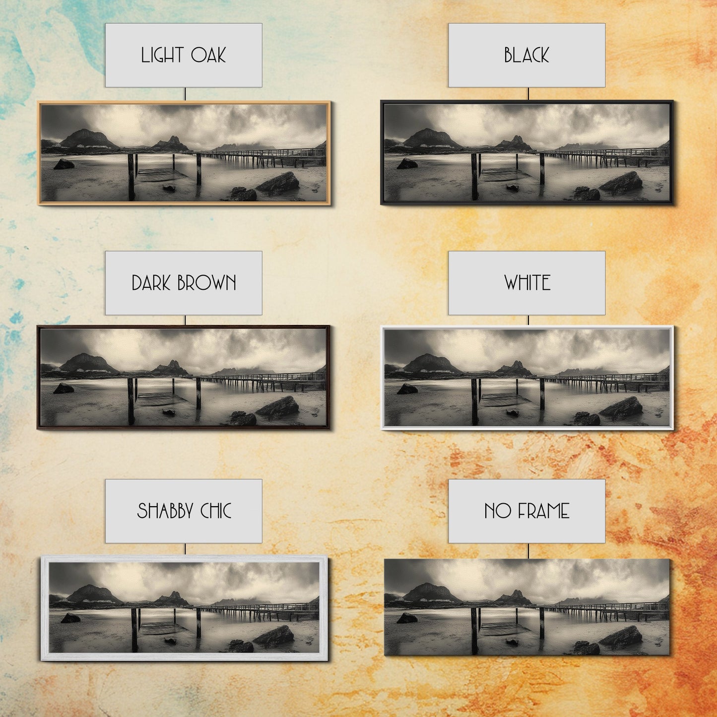 Dockside Calm, Stormy Shore, Ocean Jetty, Framed Canvas Print, Moody Coastal Wall Art, Living Room Art, Rustic Lakehouse Decor