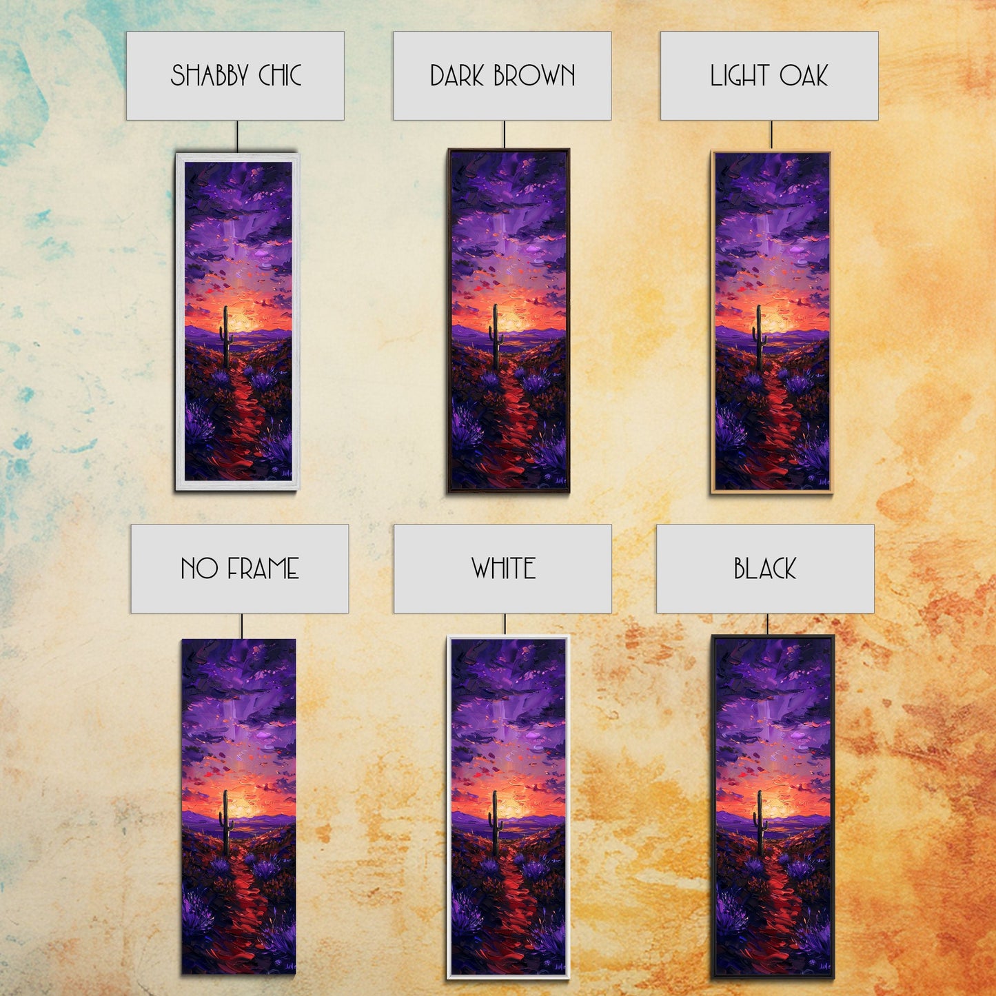 Colorful Sunset Over a Desert Landscape with a Saguaro Cactus and Dramatic Sky on a Framed Canvas Print Skinny Art Piece