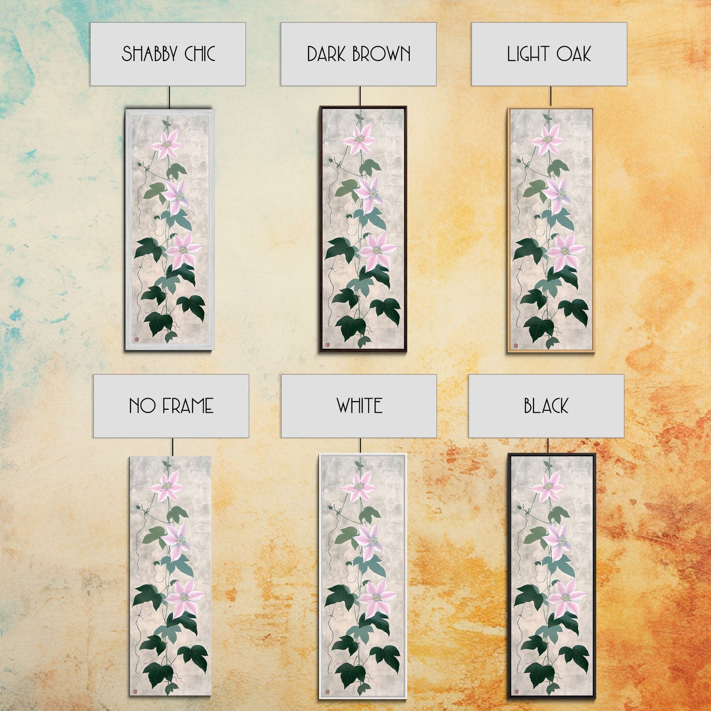 Skinny Art Clematis Vine In Japanese Style Wood Block Print Soft Pink Flowers On Framed Canvas Print, Tall Art Ukiyo-e