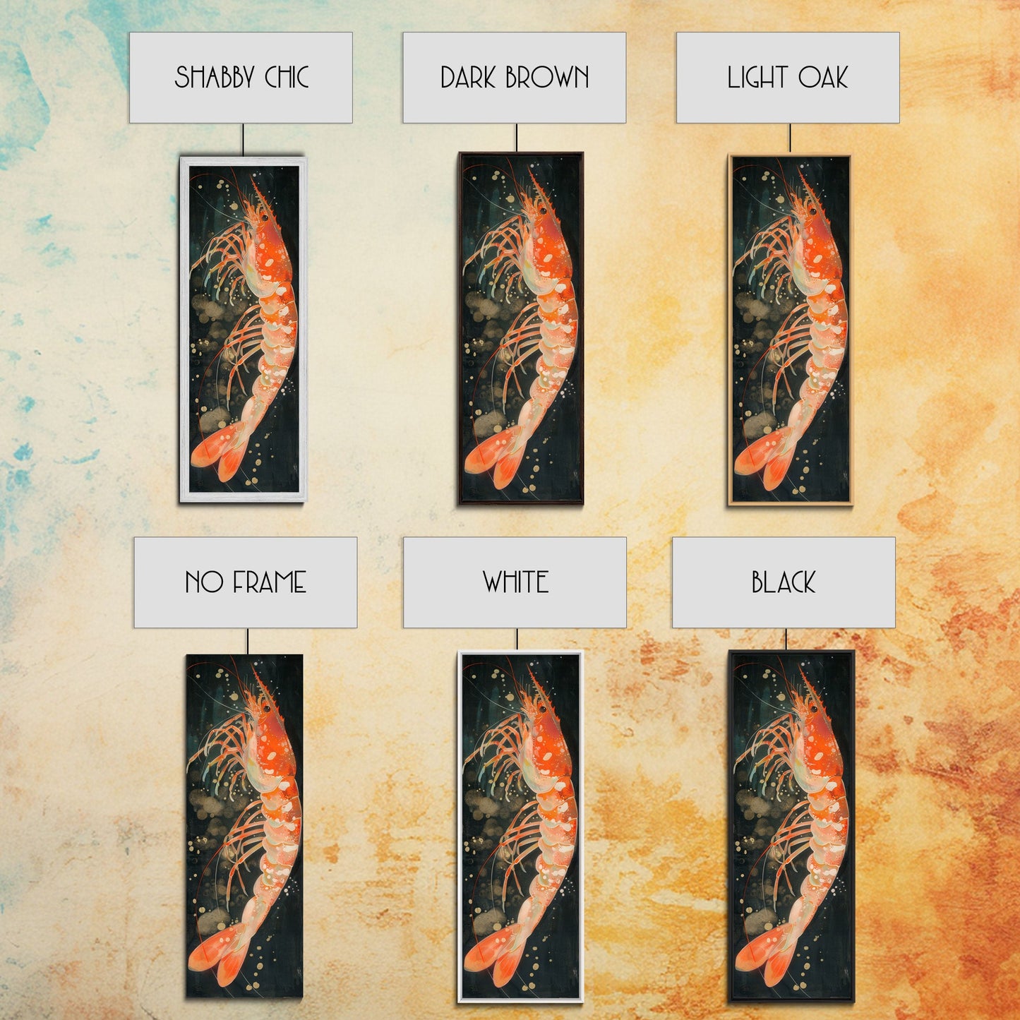 Shrimp Illustration Underwater Theme Deep Sea Skinny Art Tall Art Framed Canvas Print Japanese Style Art Ukiyo-e Art Wood Block Print Marine Life