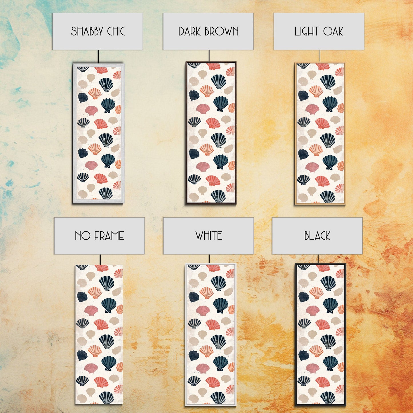 Patterned Sea Shells in Various Colors on a Light Background Ukiyo-e Art Japanese Framed Canvas Print Skinny Tall Art