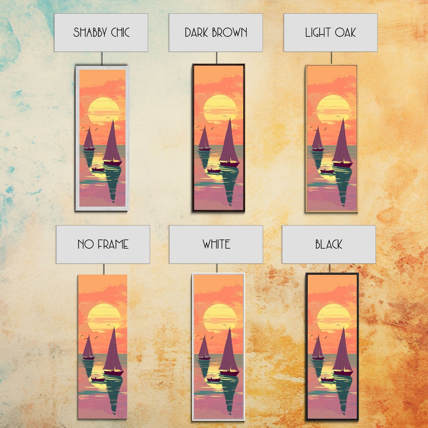 Sailing Boats In The Sunset Over Serene Waters In Japanese Style Ukiyo-e Art Framed Canvas Print Skinny Art Tall Art