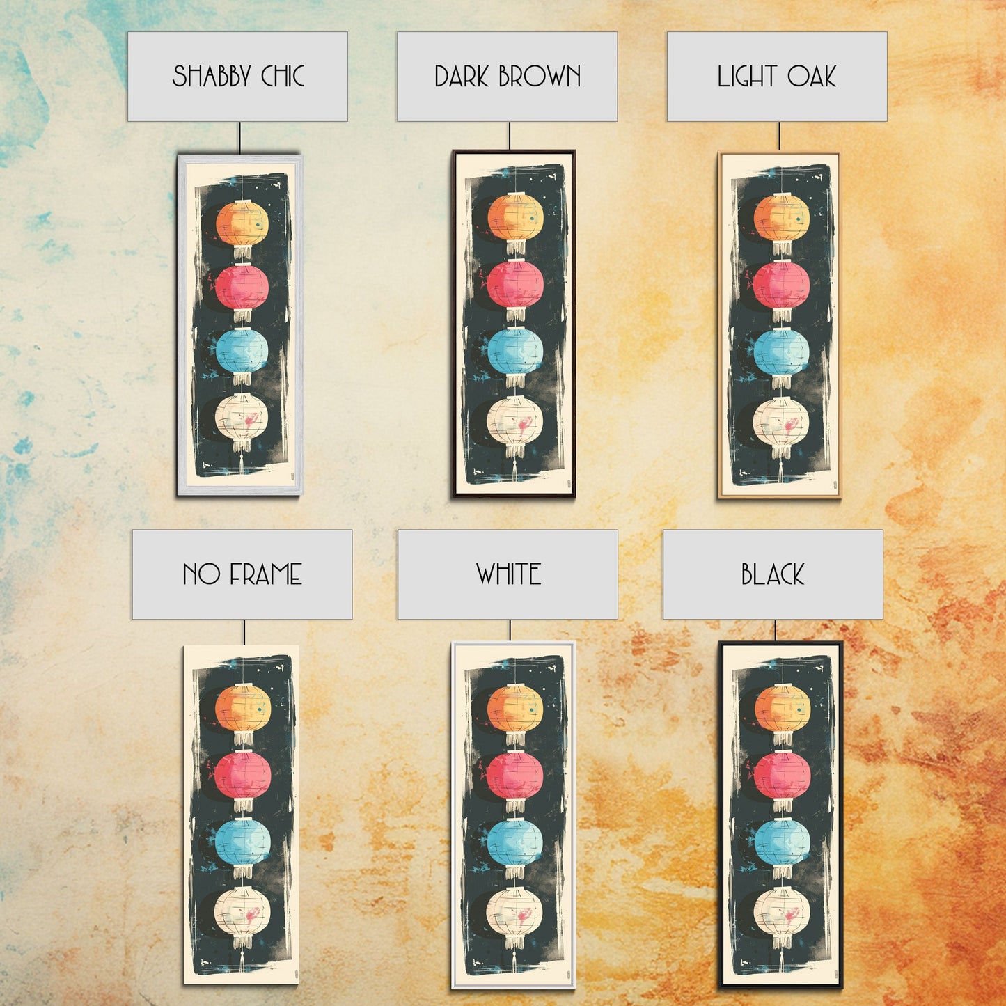 Colorful Lanterns Hanging in a Vertical Row with Abstract Background - Skinny Art, Japanese Wall Decor, Framed Canvas Print, Ukiyo-e Style