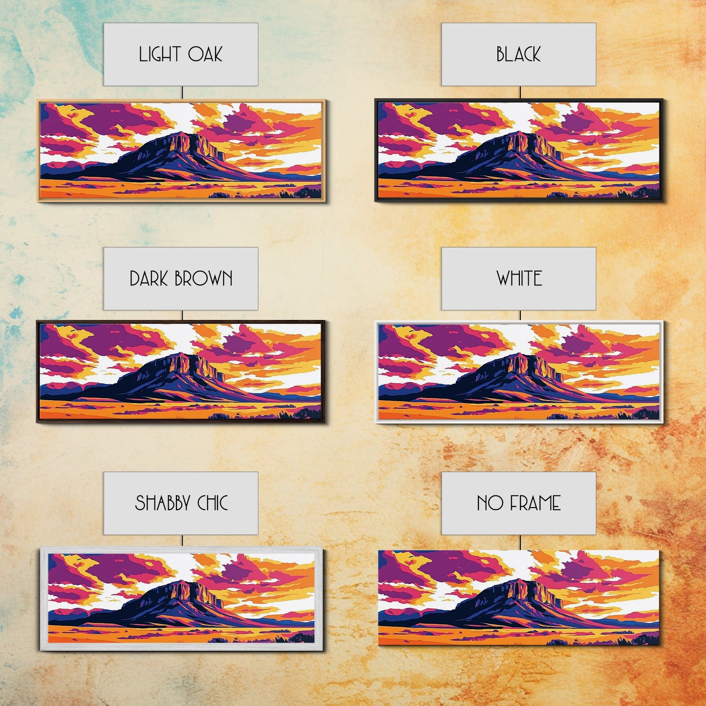 Colorful Desert Landscape, Joshua tree art, southwest wall art, pink orange wall art, extra wide art, panoramic painting, Framed Canvas Print