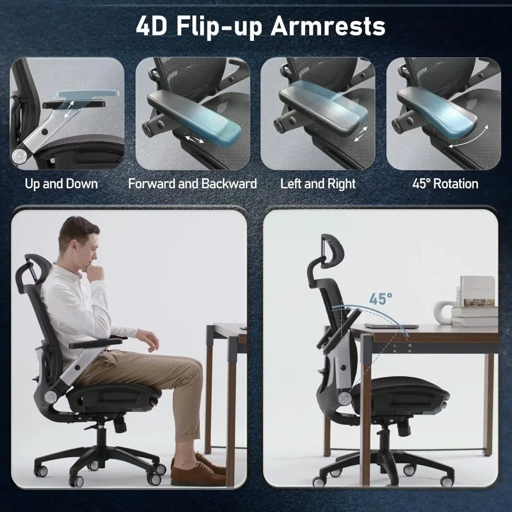 Ergonomic Mesh Office Chair, High Back Computer Executive Desk Chair with Headrest and 4D Flip-Up Armrests, Computer Chairs