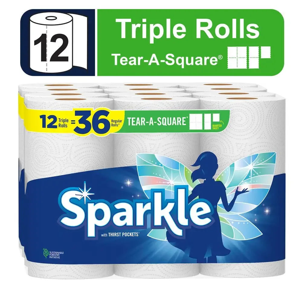 Sparkle Tear-A-Square Paper Towels 12 Triple Rolls White Customizable Sheet Size Paper Towel 2 Ply Thirst Pockets Everyday Mess