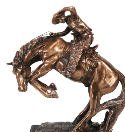 Rustic Western Rodeo Cowboy on a Rearing Horse Bronzed Resin Statue