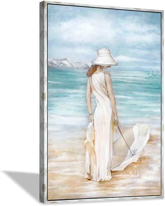 Modern Coastal Beach Canvas Art - Hand-Painted Ocean Scene with Women & Umbrella - Framed Wall Décor for Bedroom (45” x 30”)