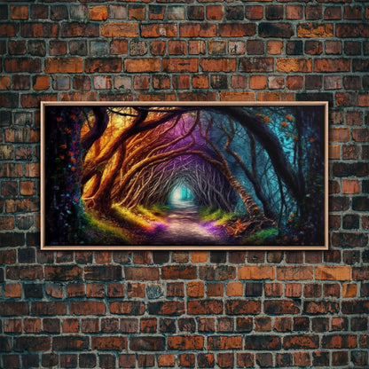 Secret Path, Fantasy Art, Pop Art Forest Landscape, Framed Canvas Print, Colorful Forest Painting, Living Room Art, Glowing Magical Forest