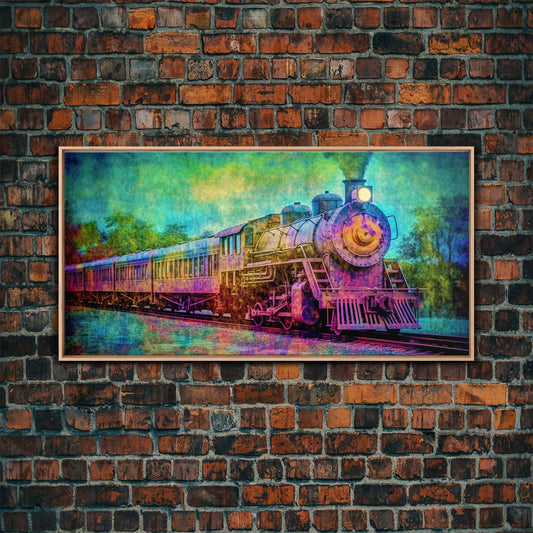 Colorful Steam Train Wall Decor, Locomotive Wall Decor, Train Wall Art, Panoramic Wall Decor, Canvas Print, Wall Art, Framed Canvas Art