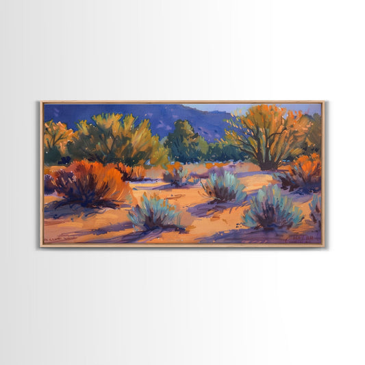 Colorful desert scene with distant mountains, Framed Canvas Print, ideal for minimalist living room, boho wall art decor