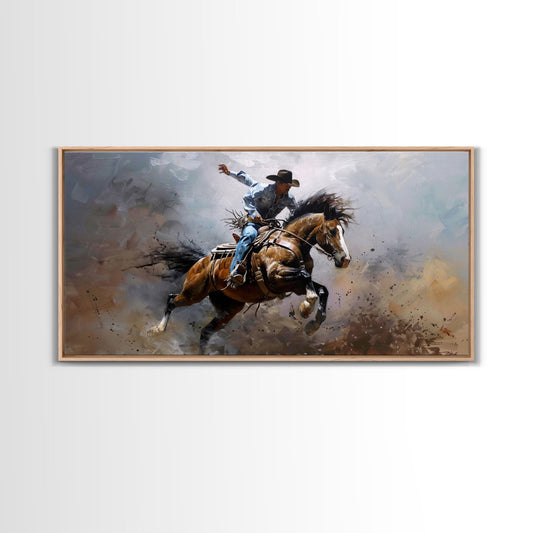 Colorful Rodeo Rider in Action on Framed Canvas Print, Perfect for Rustic Living Room Art, Western Bedroom Decor, Cowboy Wall Art