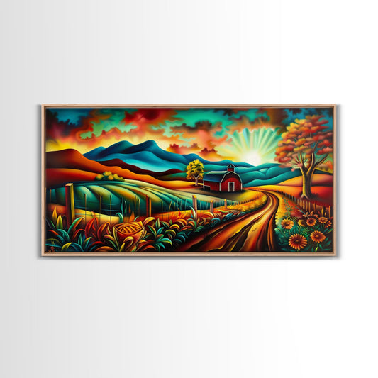 Colorful Farm Scene with Sunrise Over Mountains, Perfect Wall Art, Framed Canvas Print for Living Room or Bedroom Decor, Vibrant Nature Art
