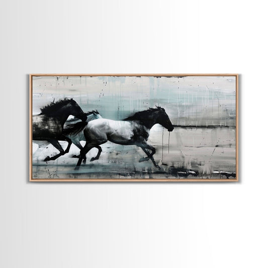 Colorful Abstract Horses Running, Black and White Wall Art, Framed Canvas Print for Living Room or Bedroom Decor, Equestrian Art