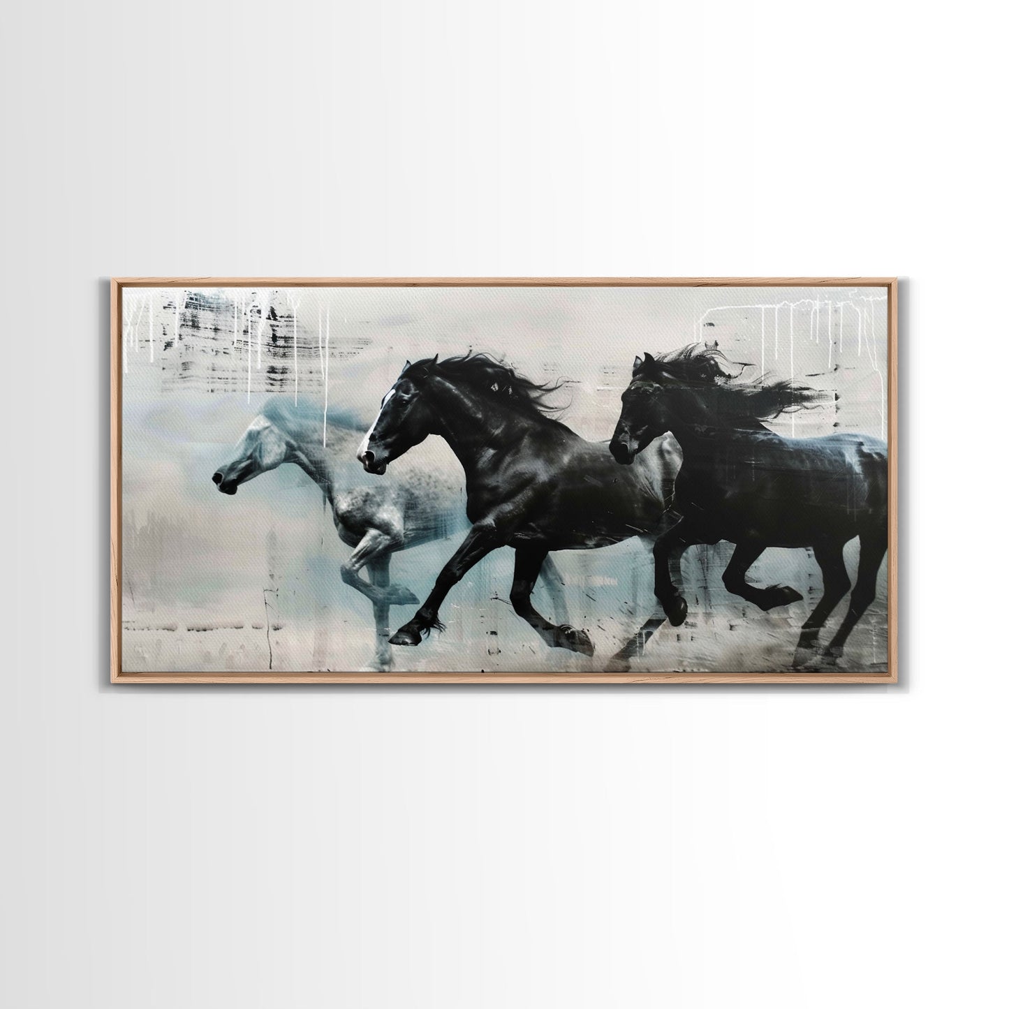 Galloping Horses in Monochrome Abstract Landscape, Perfect Wall Art, Framed Canvas Print for Living Room or Bedroom Decor, Equestrian Art