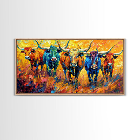 Colorful Herd of Cattle, Ideal for Living Room Art, Framed Canvas Print, Bedroom Decor, Home Decoration, Rustic Farmhouse Art