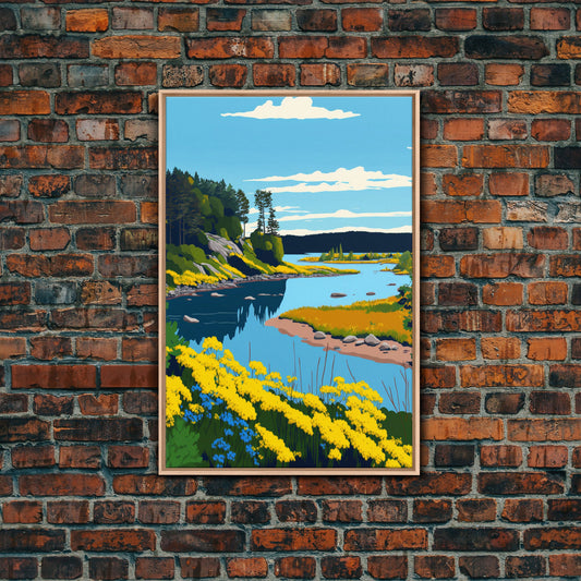 Colorful Pop Art Picture of a Stream, Framed Canvas Print, Surrealist High Contrast Cel Shaded Landscape Art