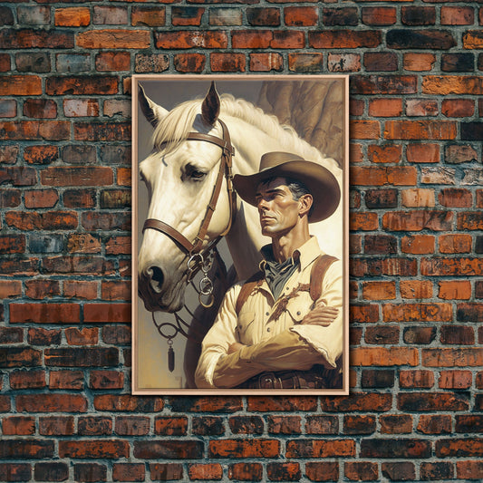 Western Cowboy Painting Canvas Print | Vintage Wall Art | Mid Century Decor | Antique Oil Painting | Moody Print | JC Leyendecker Inspired