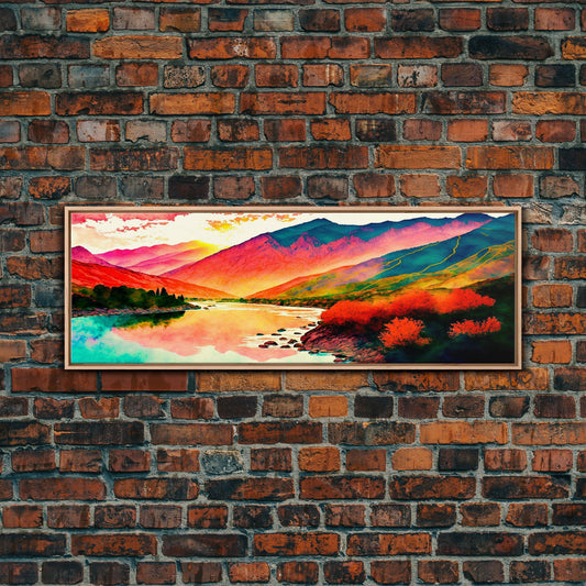 Colorful Abstract Watercolor Landscape, Framed Panoramic Canvas Print, Wide Art, Rainbow landscape painting, surrealist art