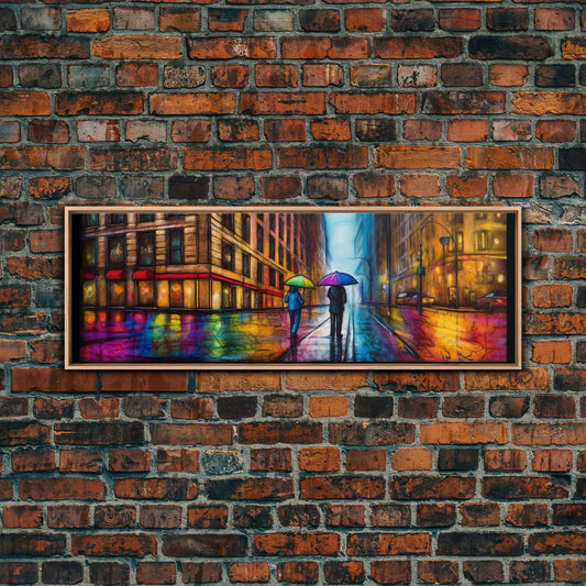 Colorful Umbrellas City Canvas Print, Large Urban Art Print, Two People Walking On Street, Vibrant Art, Panoramic, Wall Art, Canvas Print