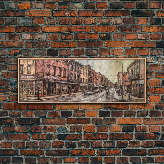Colorful City Canvas Art, Colored Pencil Art, Urban Wall Decor, Vintage Style Canvas Print, Wall Decor, Panoramic, Wall Art, Canvas Print