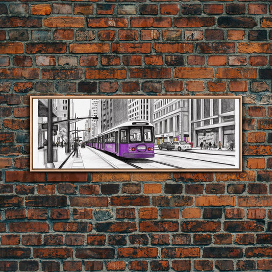 Colored Pencil Sketch, Tram In The City, Urban Art, Violet Streetcar, Urban Art Wall Decor, Wall Decor, Panoramic, Wall Art, Canvas Print