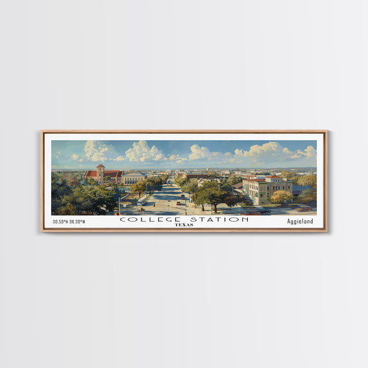 College Station Texas Panoramic Watercolor Painting Framed Canvas Print, Travel Poster Art, Cityscape, Living Room Decor, Wall Hanging, Office Art, Texas-Themed Gift