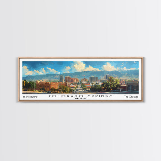 Colorado Springs Colorado Panoramic Watercolor Painting Framed Canvas Print, Travel Poster Art, Mountain Landscape, Home Decor, Bedroom Wall Art, Office Decoration, Colorado-Themed Gift