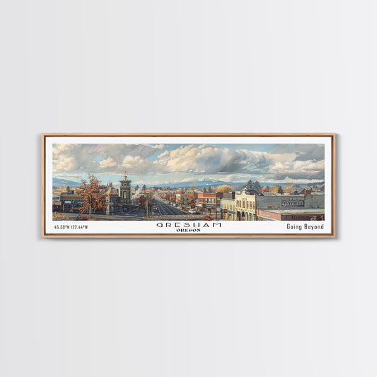 Gresham Oregon Panoramic Watercolor Painting, Urban Framed Canvas Print, Cityscape Wall Art for Office, Travel Decor, Home Gift Idea